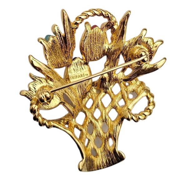 Trifari TM  Tulip Flower Basket Brooch Pink Yellow Blue Lucite Pin, Signed - Picture 4 of 7